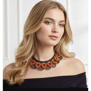 Handmade Beaded Statement Necklace Orange Red Heart Leaf Tribal Boho Jewelry New